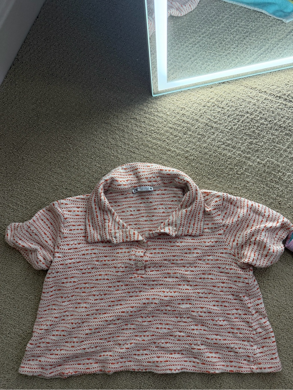 Woman’s Zara crop Short-Sleeve Polo Top in Cream with Orange Stripes